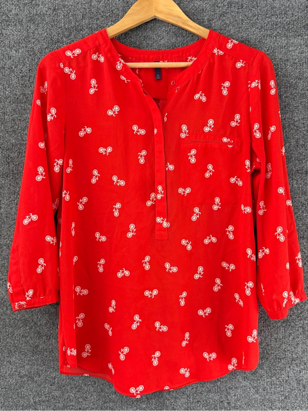 NYDJ Womens Bicycle Print Popover Top Size Medium 3/4 Sleeve Red Office Career
